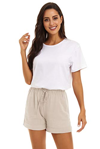 KINGFEN Womens Shorts Casual Lounge Cotton Shorts Casual for Summer Mid Rise Elastic Waist Linen Beach Pull On Comfy Drawstring Stretchy Short with Pockets Beige Medium
