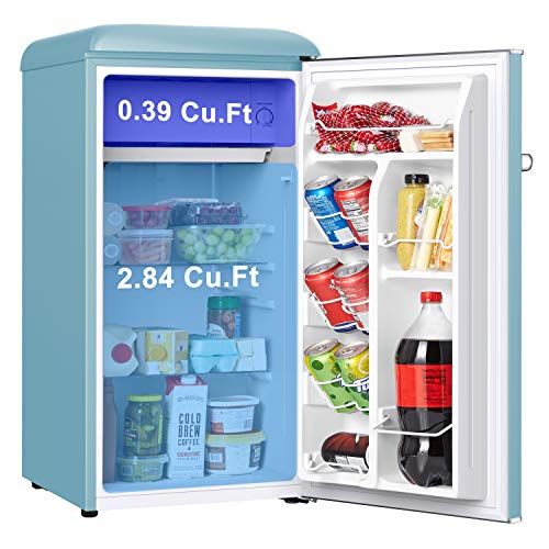 Galanz GLR33MBER10 Retro Compact Refrigerator, Single Door Fridge, Adjustable Mechanical Thermostat with Chiller, Blue, 3.3 Cu Ft