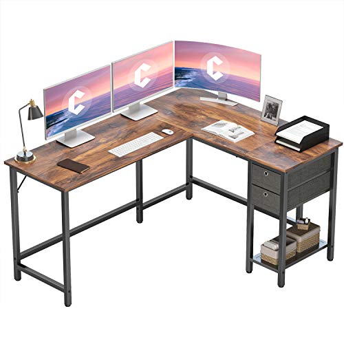 Cubiker L-Shaped Computer Desk 60" with 2 Drawers and Shelves for Storage, Larger Gaming Corner Desk Workstation, Home Office Sturdy Writing Table, Space-Saving, Easy to Assemble, Deep Rustic