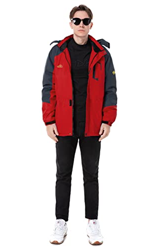 Men's Mountain Waterproof Ski Jacket Windproof Rain Jacket Winter Warm Snow Coat II with Removable Hood U120WCFY028,Red,L