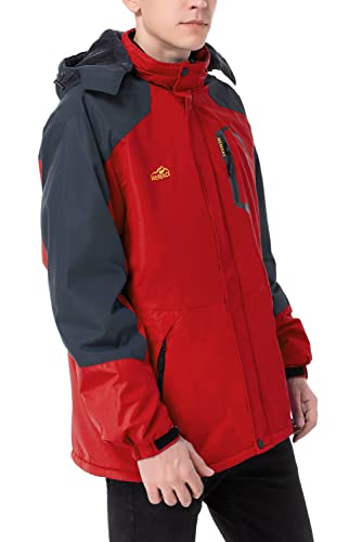 Men's Mountain Waterproof Ski Jacket Windproof Rain Jacket Winter Warm Snow Coat II with Removable Hood U120WCFY028,Red,L