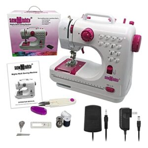 sew mighty mini sewing machine – portable, battery & ac powered, 12 programmed stitch patterns, dual speed – sews forward & reverse, ac power or battery operated – includes foot pedal