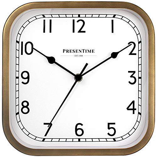 PresenTime & Co 10" Anton Vintage Square Clock, Silent No Ticking, Wall & Mantel 2 in 1 Clock, Desk and Shelf Clock, Tabletop Décor, Antique Hamilton Gold