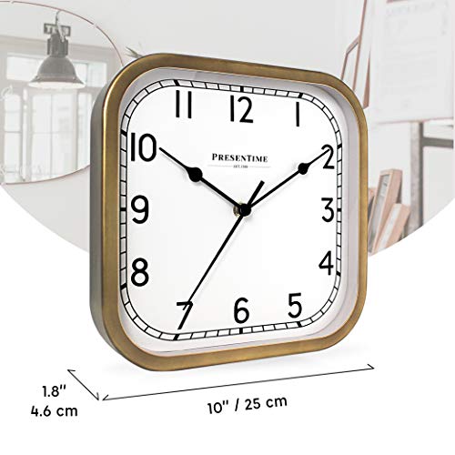 PresenTime & Co 10" Anton Vintage Square Clock, Silent No Ticking, Wall & Mantel 2 in 1 Clock, Desk and Shelf Clock, Tabletop Décor, Antique Hamilton Gold