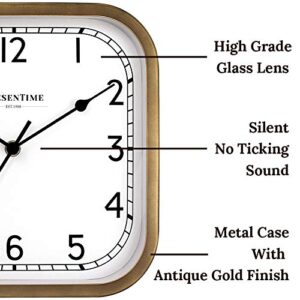 PresenTime & Co 10" Anton Vintage Square Clock, Silent No Ticking, Wall & Mantel 2 in 1 Clock, Desk and Shelf Clock, Tabletop Décor, Antique Hamilton Gold