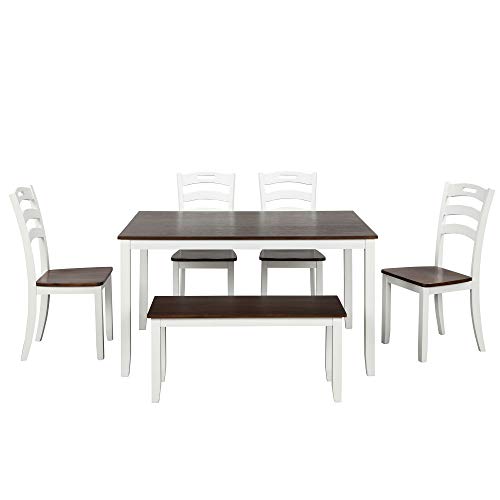 Harper & Bright Designs 6 Piece Dining Table Set with Bench, Wood Kitchen Table Set with Table and 4 Chairs, Ivory White and Cherry