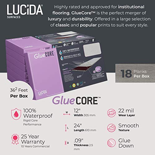 Lucida Surfaces Luxury Vinyl Flooring Tiles | Glue-Down Adhesive Flooring for DIY Installation | 18 Stone-Look Planks | GlueCore+ | 36 Sq. Feet (Box of 18 Tiles, Riverock)