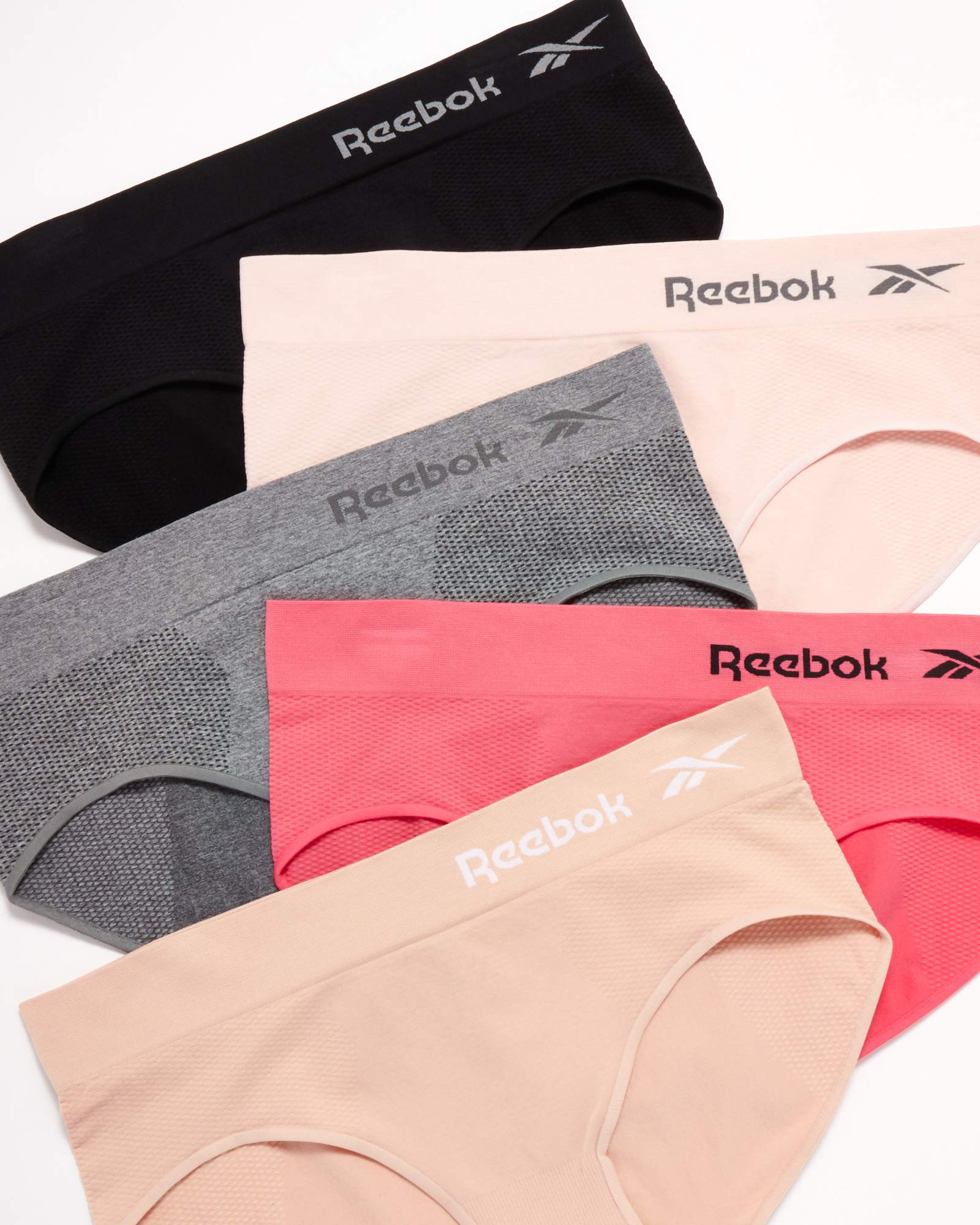 Reebok Women's Underwear - Seamless Hipster Briefs (5 Pack), Size Large, Black/Nude/Hot Pink/Pink Rose/Grey