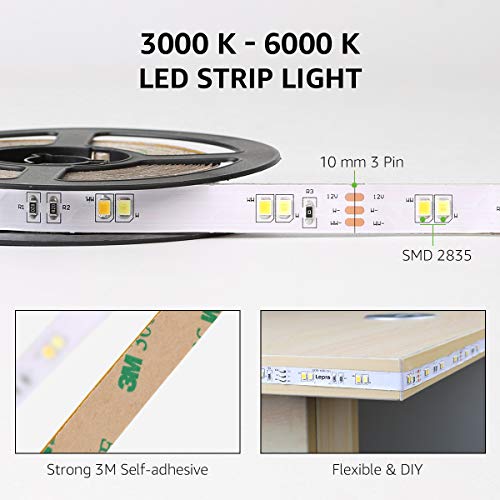 Lepro LED Strip Light, 3000K-6000K Tunable White, 32.8ft Dimmable Super Bright LED Tape Lights, 600 LEDs SMD 2835, Strong 3M Adhesive, Suitable for Home, Kitchen, Under Cabinet, Bedroom