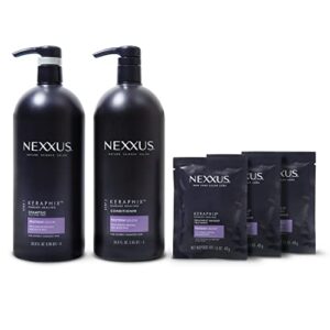 nexxus keraphix shampoo and conditioner and 3 hair repair masks treatment system (5 pack) , damaged hair treatment 33.8 oz, 2 count & 1.5 oz, 3 count