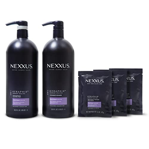 Nexxus Keraphix Shampoo and Conditioner and 3 Hair Repair Masks Treatment System (5 Pack) , Damaged Hair Treatment 33.8 oz, 2 Count & 1.5 oz, 3 Count