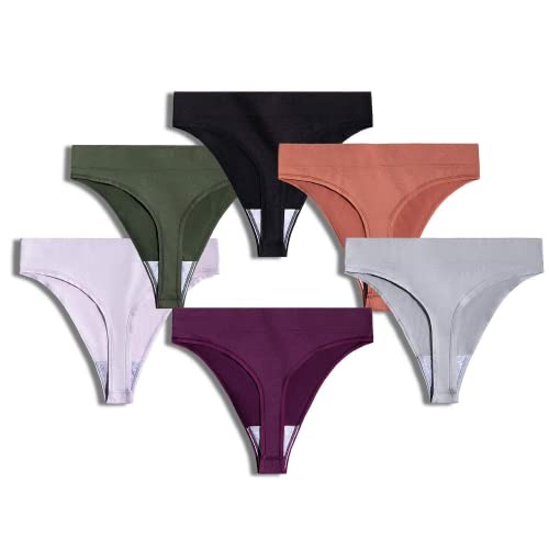 GRANKEE Women's Breathable Seamless Thong Panties No Show Underwear 6 Pack(Black/Caramel/Purple/Olive Green/Lavender/Light Grey 6 Pack XL)