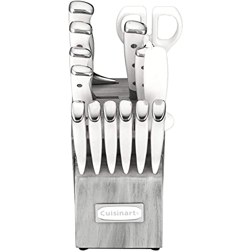 Cuisinart C77WTR-15PG Classic Forged Triple Rivet, 15-Piece Knife Set with Block, Superior High-Carbon Stainless Steel Blades for Precision and Accuracy, White/Grey