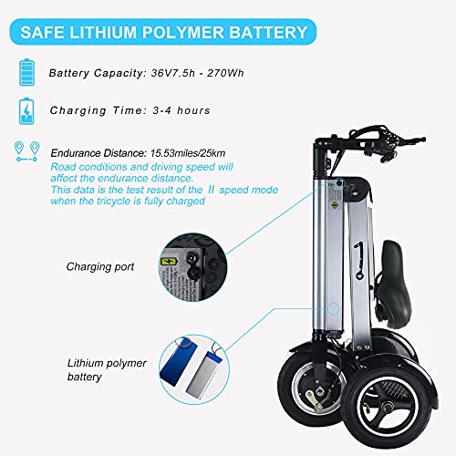 TopMate ES32 Electric Scooter 3 Wheels Foldable Trike with Seat for Adults, Light Weight Mobility Scooter with Reverse Function and Key Switch, 10 Inch Pneumatic Tires Tricycle for Commute and Travel