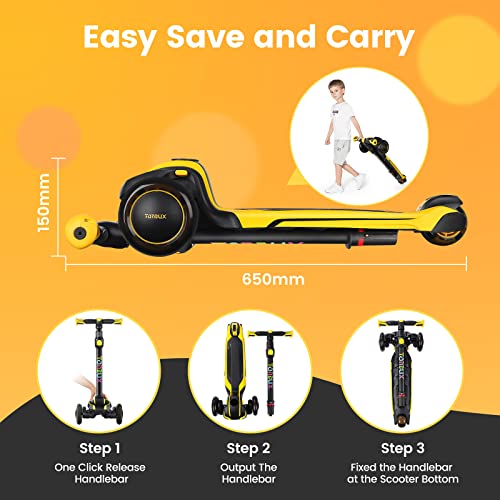 TONBUX Kids Scooter for Age 3-12, Toddler Scooter with 4 Adjustable Heights, Light Up 3-Wheels Scooter, Shock Absorption Design, Lean to Steer, Balance Training Scooter for Kids - Yellow