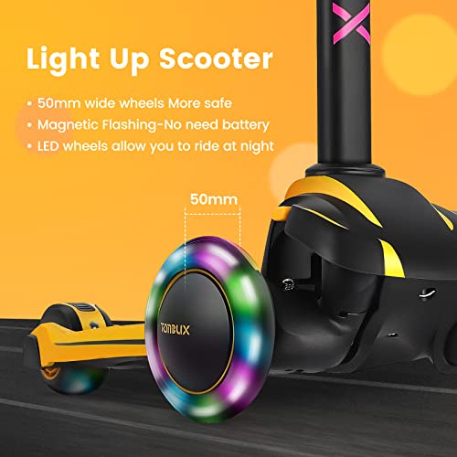 TONBUX Kids Scooter for Age 3-12, Toddler Scooter with 4 Adjustable Heights, Light Up 3-Wheels Scooter, Shock Absorption Design, Lean to Steer, Balance Training Scooter for Kids - Yellow