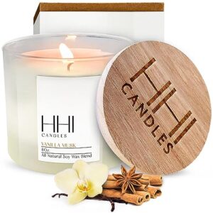 vanilla candle | vanilla musk scented soy candle | a blend of vanilla, cinnamon, amber & hint of musk | large eight ounce single wick candle | long burn time | hhi candles