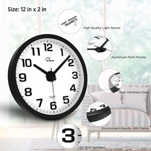 WallarGe Night Light Wall Clock for Bedroom - Silent Lighted up Wall Clock Glow in The Dark, Battery Operated Wall Clocks for Living Room/Kitchen, Easy to Read Large Digital Display, 12 Inch