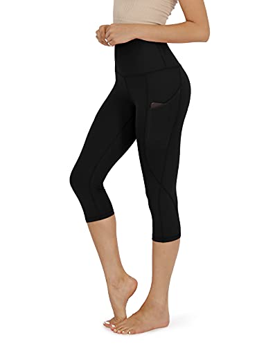 ODODOS Women's High Waisted Yoga Capris with Pockets,Tummy Control Non See Through Workout Sports Running Capri Leggings, Black,Medium