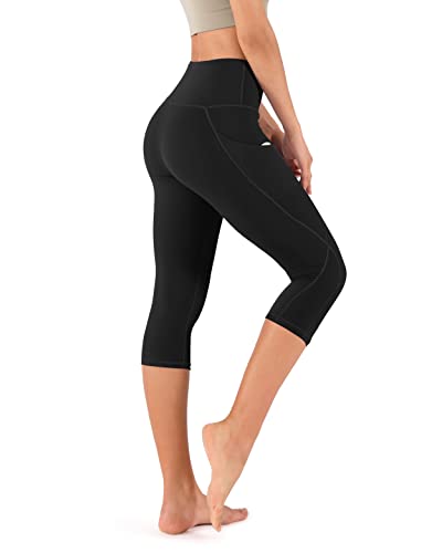 ODODOS Women's High Waisted Yoga Capris with Pockets,Tummy Control Non See Through Workout Sports Running Capri Leggings, Black,Medium