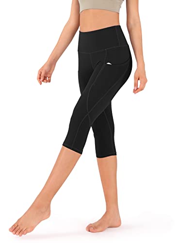 ODODOS Women's High Waisted Yoga Capris with Pockets,Tummy Control Non See Through Workout Sports Running Capri Leggings, Black,Medium