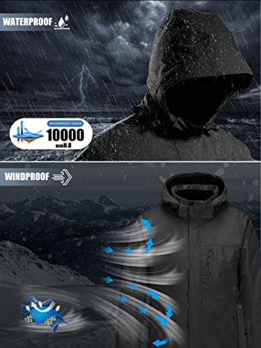 FREE SOLDIER Men's Waterproof Ski Snow Jacket Fleece Lined Warm Winter Rain Jacket with Hood Fully Taped Seams(Black,XL)