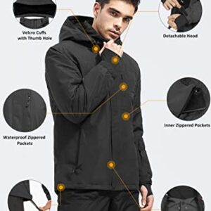 FREE SOLDIER Men's Waterproof Ski Snow Jacket Fleece Lined Warm Winter Rain Jacket with Hood Fully Taped Seams(Black,XL)