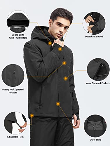 FREE SOLDIER Men's Waterproof Ski Snow Jacket Fleece Lined Warm Winter Rain Jacket with Hood Fully Taped Seams(Black,XL)