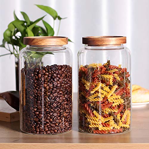 Large Glass Jar with Airtight Lid Set of 2 93 FL OZ(2750ml) glass canister set, Glass Food Containers Wooden Lid Suit for Kitchen Pantry for Flour, Tea, Coffee Beans, Sugar, Cookies(8.8 inch high)