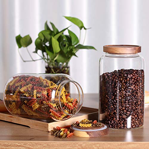 Large Glass Jar with Airtight Lid Set of 2 93 FL OZ(2750ml) glass canister set, Glass Food Containers Wooden Lid Suit for Kitchen Pantry for Flour, Tea, Coffee Beans, Sugar, Cookies(8.8 inch high)