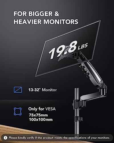 HUANUO Single Monitor Mount - Gas Spring Monitor Arm Fits 13-32'' Monitor, Full Motion Swivel, Single Monitor Stand, Ultra Height Adjustable for Stand Work, Monitor Desk Stand with VESA, Max 19.8lbs