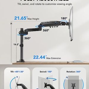 HUANUO Single Monitor Mount - Gas Spring Monitor Arm Fits 13-32'' Monitor, Full Motion Swivel, Single Monitor Stand, Ultra Height Adjustable for Stand Work, Monitor Desk Stand with VESA, Max 19.8lbs