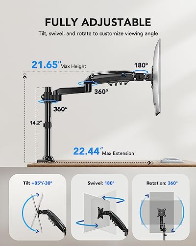 HUANUO Single Monitor Mount - Gas Spring Monitor Arm Fits 13-32'' Monitor, Full Motion Swivel, Single Monitor Stand, Ultra Height Adjustable for Stand Work, Monitor Desk Stand with VESA, Max 19.8lbs