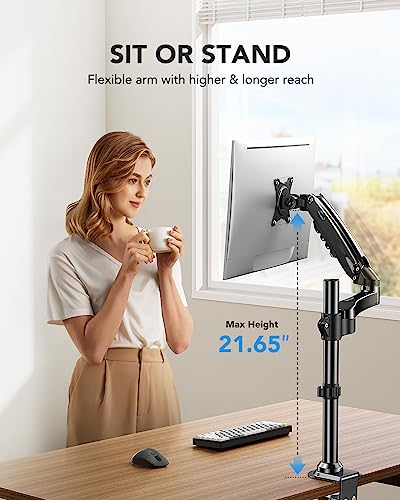 HUANUO Single Monitor Mount - Gas Spring Monitor Arm Fits 13-32'' Monitor, Full Motion Swivel, Single Monitor Stand, Ultra Height Adjustable for Stand Work, Monitor Desk Stand with VESA, Max 19.8lbs