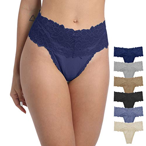 WKFIINM Pack 6 High Waisted Lace Thong for Women Cotton Underwear Plus Size High Rise Retro Tummy Control Thongs Panties