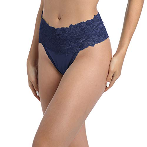 WKFIINM Pack 6 High Waisted Lace Thong for Women Cotton Underwear Plus Size High Rise Retro Tummy Control Thongs Panties