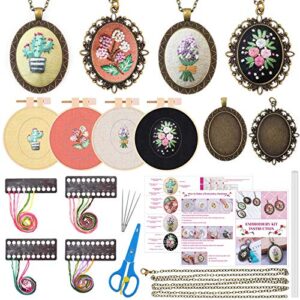 4 packs embroidery kit for beginners, shynek 26 pcs mini cross stitch kits includes stamped embroidery clothes with flowers pattern embroidery necklace pendant embroidery hoops and necklace chains