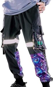 xyxiongmao men's functional black and purple cyberpunk reflective joggers overalls ribbon techwear sweatpants hip hop streetwear cargo pants for men (black, s)