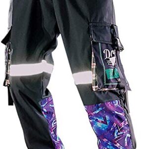 XYXIONGMAO Men's Functional Black and Purple Cyberpunk Reflective Joggers Overalls Ribbon Techwear Sweatpants Hip Hop Streetwear Cargo Pants for Men (Black, S)