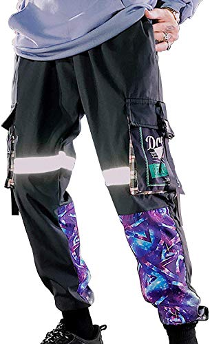 XYXIONGMAO Men's Functional Black and Purple Cyberpunk Reflective Joggers Overalls Ribbon Techwear Sweatpants Hip Hop Streetwear Cargo Pants for Men (Black, S)