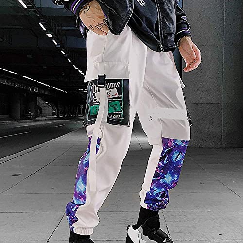 XYXIONGMAO Men's Functional Black and Purple Cyberpunk Reflective Joggers Overalls Ribbon Techwear Sweatpants Hip Hop Streetwear Cargo Pants for Men (Black, S)