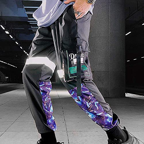 XYXIONGMAO Men's Functional Black and Purple Cyberpunk Reflective Joggers Overalls Ribbon Techwear Sweatpants Hip Hop Streetwear Cargo Pants for Men (Black, S)