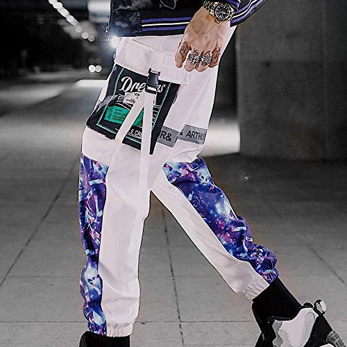 XYXIONGMAO Men's Functional Black and Purple Cyberpunk Reflective Joggers Overalls Ribbon Techwear Sweatpants Hip Hop Streetwear Cargo Pants for Men (Black, S)