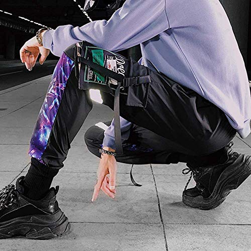 XYXIONGMAO Men's Functional Black and Purple Cyberpunk Reflective Joggers Overalls Ribbon Techwear Sweatpants Hip Hop Streetwear Cargo Pants for Men (Black, S)