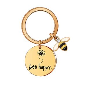 women's keychain" bee happy" keyring keychain, gift for mom, aunt, daughter, niece, friends (rose gold)