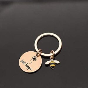 Women's Keychain" Bee Happy" Keyring Keychain, Gift for Mom, Aunt, Daughter, Niece, Friends (Rose Gold)