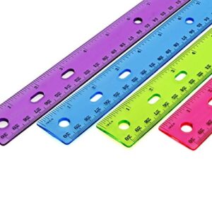 Emraw Transparent Assorted Color Ruler with Inches and Metric 12 Inches Flexible Measuring Resistant Plastic Rulers for School Classroom Home & Office (Pack of 4)