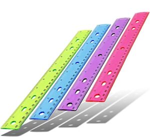 emraw transparent assorted color ruler with inches and metric 12 inches flexible measuring resistant plastic rulers for school classroom home & office (pack of 4)