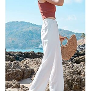 Hooever Womens Casual High Waisted Wide Leg Pants Button Up Straight Leg Trousers（White-L）