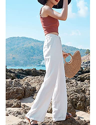 Hooever Womens Casual High Waisted Wide Leg Pants Button Up Straight Leg Trousers（White-L）